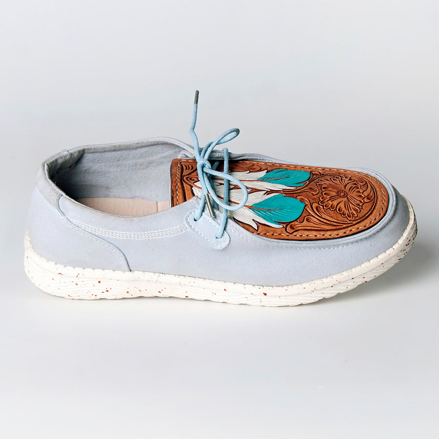 American Darling Hand tooled, carved genuine leather trim lightweight shoe footwear, slip on| Tooled Footwear