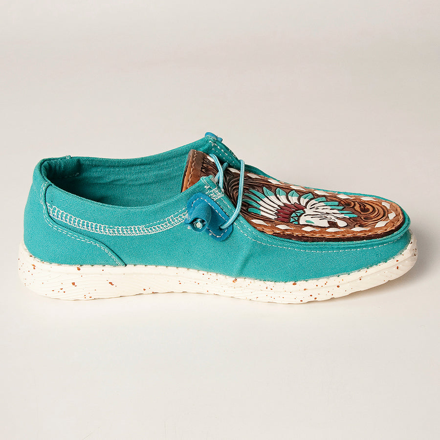 American Darling Hand tooled, carved genuine leather trim lightweight shoe footwear, slip on| Tooled Footwear
