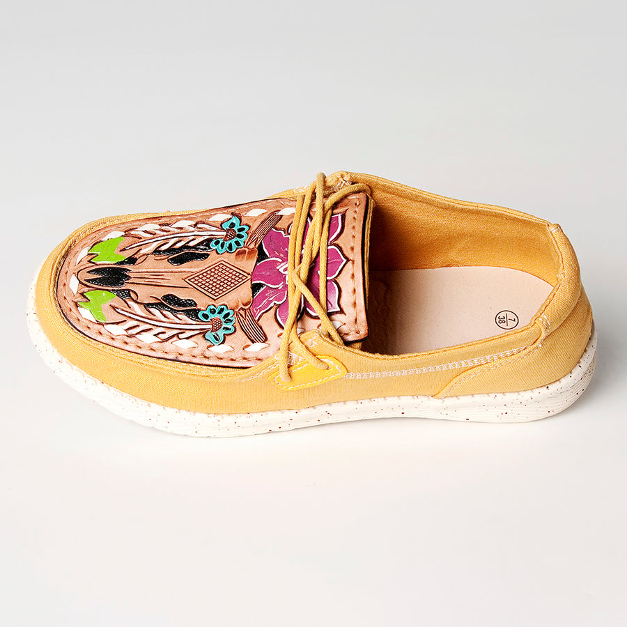 American Darling Hand tooled, carved genuine leather trim lightweight shoe footwear, slip on| Tooled Footwear