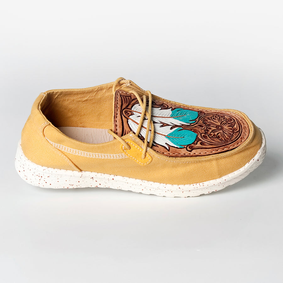 American Darling Hand tooled, carved genuine leather trim lightweight shoe footwear, slip on| Tooled Footwear