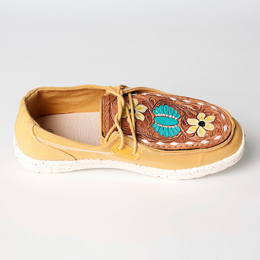 American Darling Hand tooled, carved genuine leather trim lightweight shoe footwear, slip on| Tooled Footwear