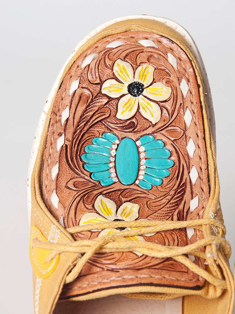 American Darling Hand tooled, carved genuine leather trim lightweight shoe footwear, slip on| Tooled Footwear