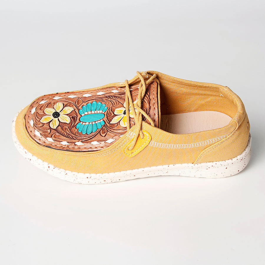 American Darling Hand tooled, carved genuine leather trim lightweight shoe footwear, slip on| Tooled Footwear