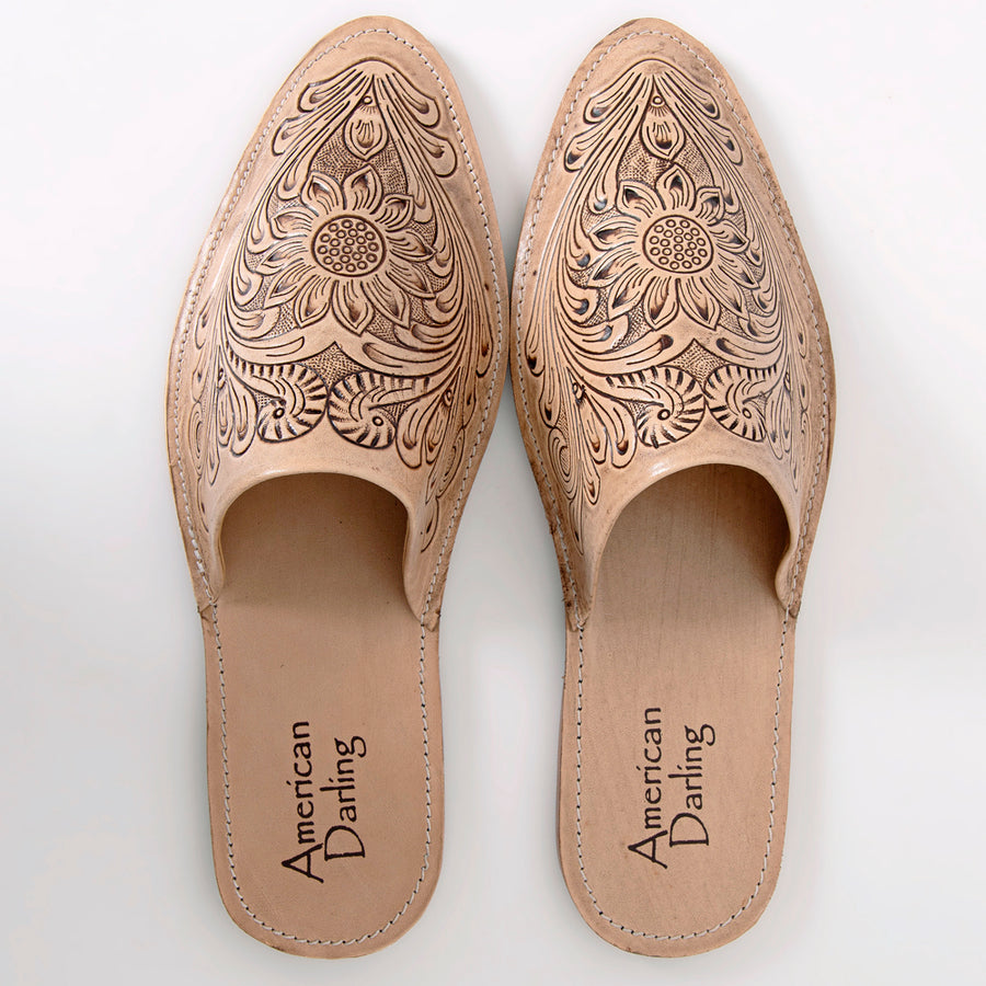 American Darling Floral Hand Curved Genuine Western Leather Flip Flop Sliper Loafer - Uhorse