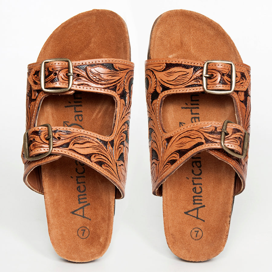 American Darling ADFTE103A Hand tooled carved genuine leather sandal footwear flip flop - Uhorse