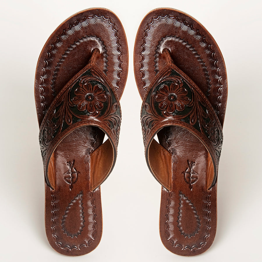 American Darling ADFTE104B Hand tooled carved genuine leather sandal footwear flip flop - Uhorse
