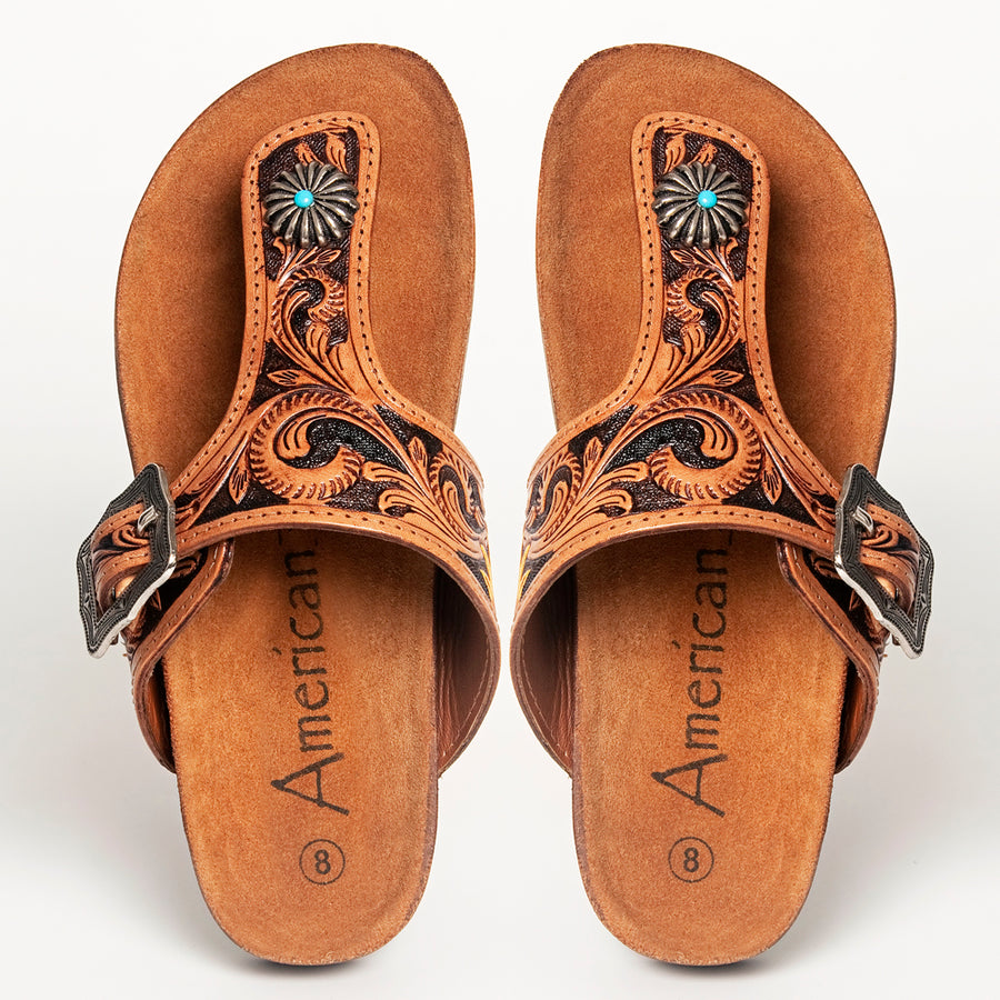 American Darling ADFTE105 Hand tooled carved genuine leather sandal footwear flip flop - Uhorse