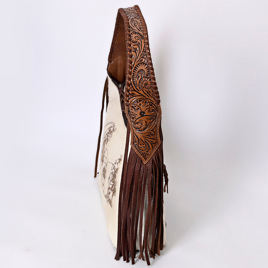 American Darling Hobo Bag for Women, Hand Tooled Floral Leather & Hair-On Cowhide Western Purse with Fringes & YKK Zipper