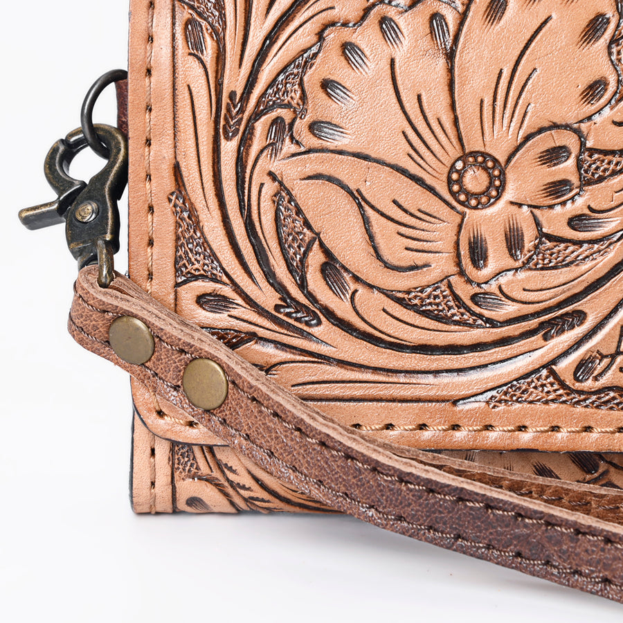 American Darling Western Leather Clutch Wallet Hand Tooled Floral Carved with Wristlet Strap