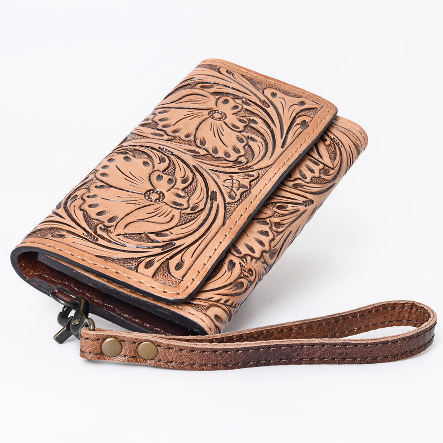 American Darling Western Leather Clutch Wallet Hand Tooled Floral Carved with Wristlet Strap