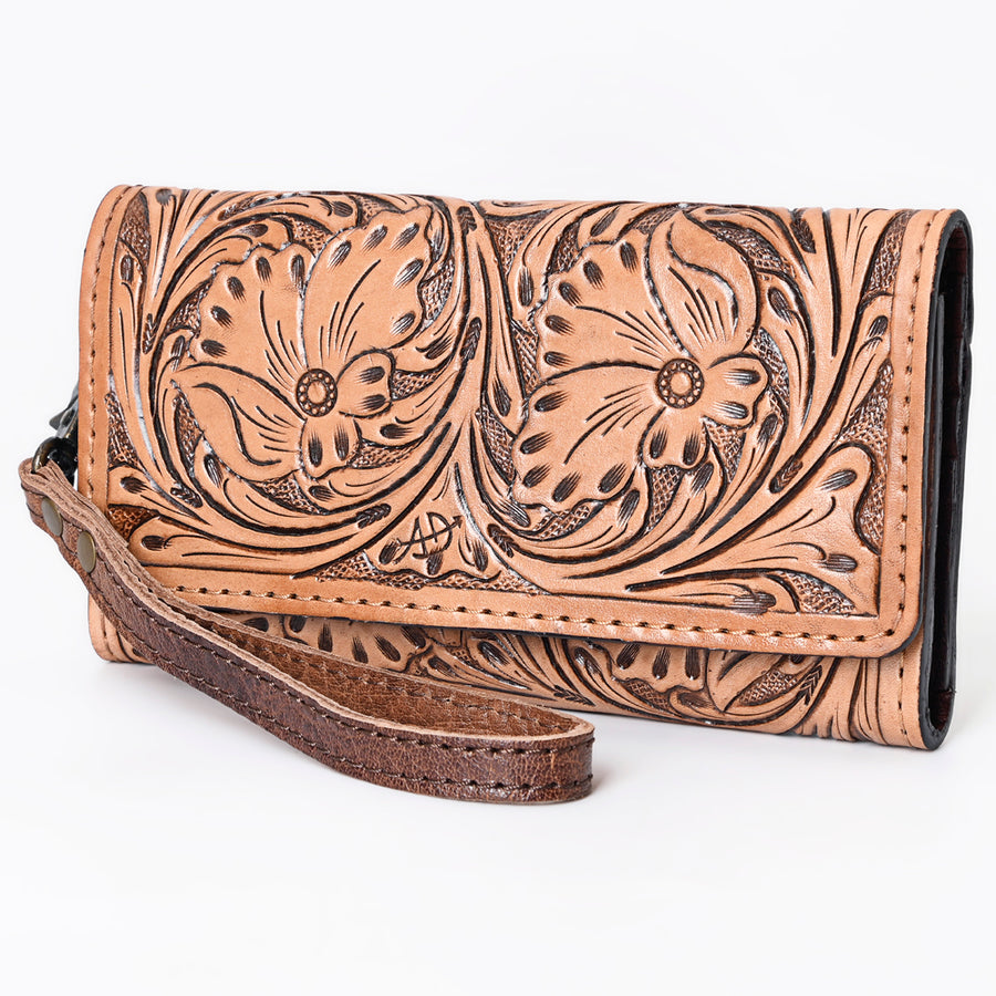 American Darling Hand Tooled Floral Leather Clutch with Wristlet Strap - Uhorse