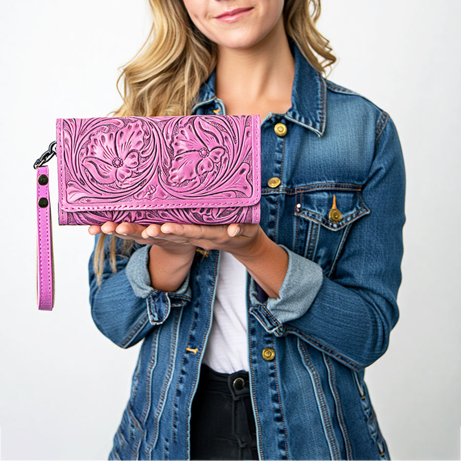 American Darling Western Leather Clutch Wallet Hand Tooled Floral Carved with Wristlet Strap