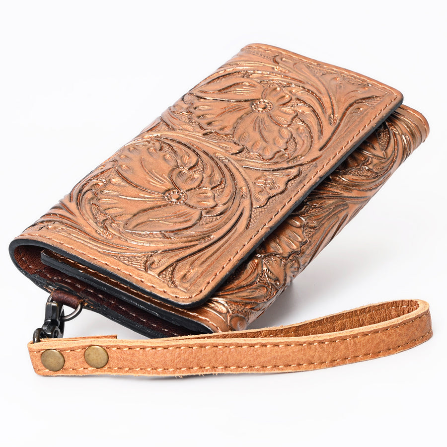 American Darling Western Leather Clutch Wallet Hand Tooled Floral Carved with Wristlet Strap