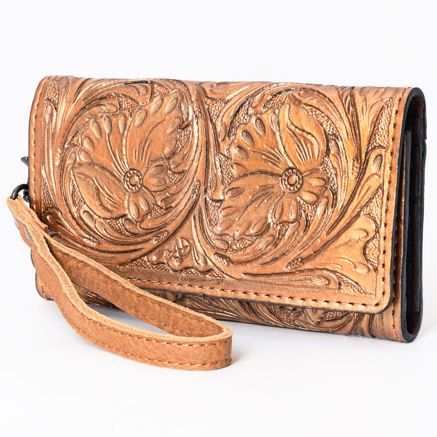 American Darling Hand Tooled Floral Leather Clutch with Wristlet Strap - Uhorse