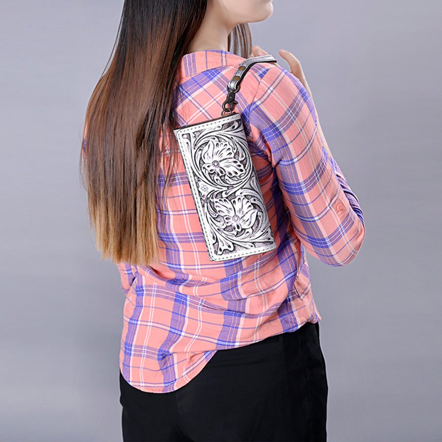 American Darling Western Leather Clutch Wallet Hand Tooled Floral Carved with Wristlet Strap