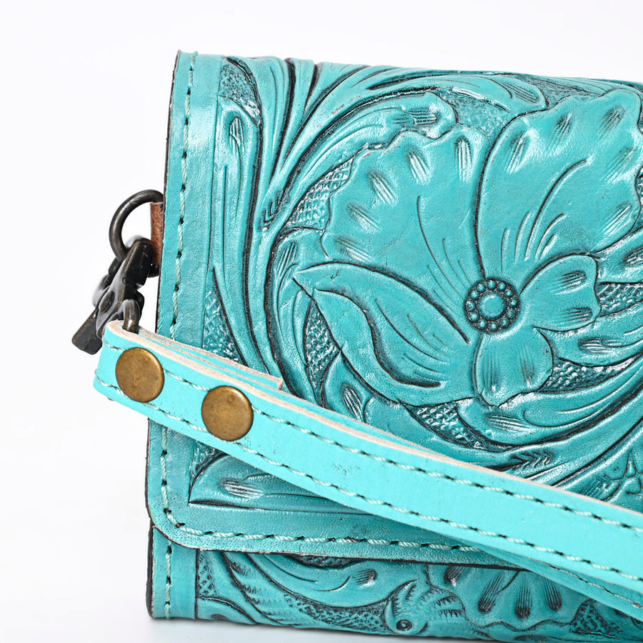 American Darling Western Leather Clutch Wallet Hand Tooled Floral Carved with Wristlet Strap