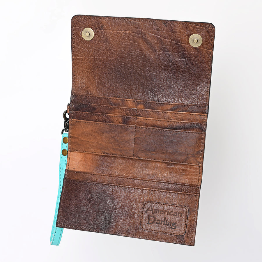 American Darling Western Leather Clutch Wallet Hand Tooled Floral Carved with Wristlet Strap