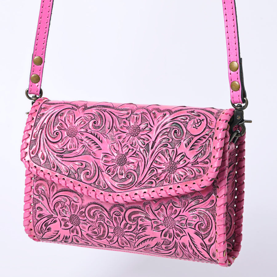 American Darling Pink Hand Tooled Floral Leather Crossbody Wallet Bag - Uhorse