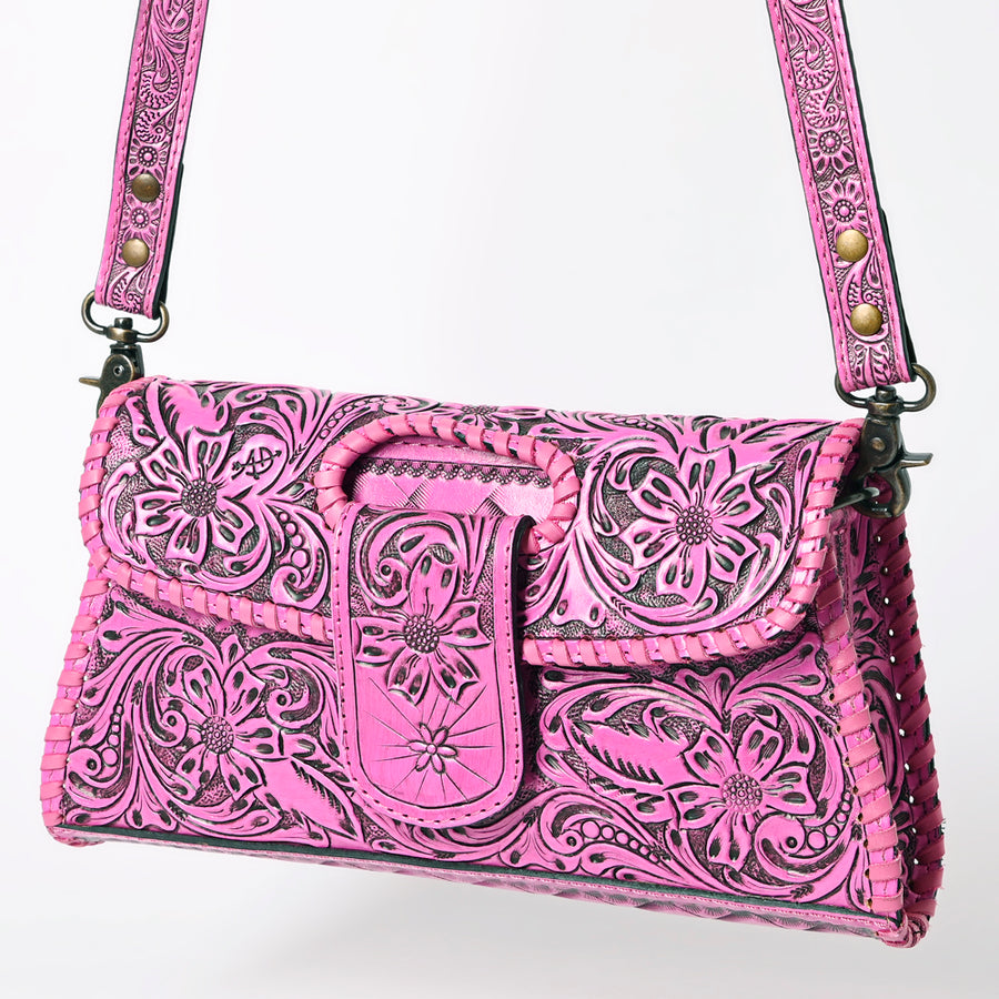 American Darling Pink Hand Tooled Floral Leather Clutch and Crossbody Bag - Uhorse