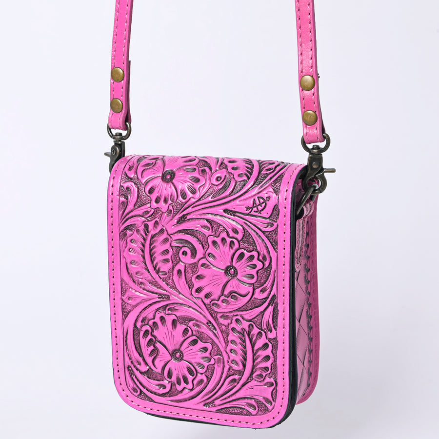 American Darling Pink Hand Tooled Floral Leather Cell Phone Bag Crossbody - Uhorse