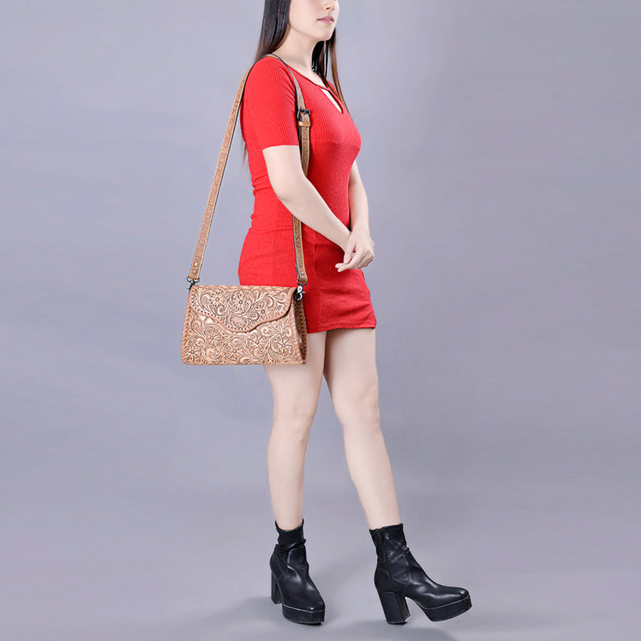 American Darling Western Leather Clutch Bag Hand Tooled Floral Carved Crossbody Purse with Whipstitch Detail