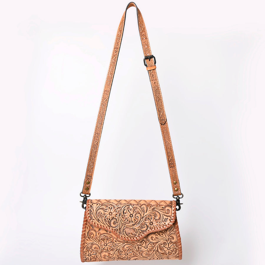 American Darling Western Leather Clutch Bag Hand Tooled Floral Carved Crossbody Purse with Whipstitch Detail