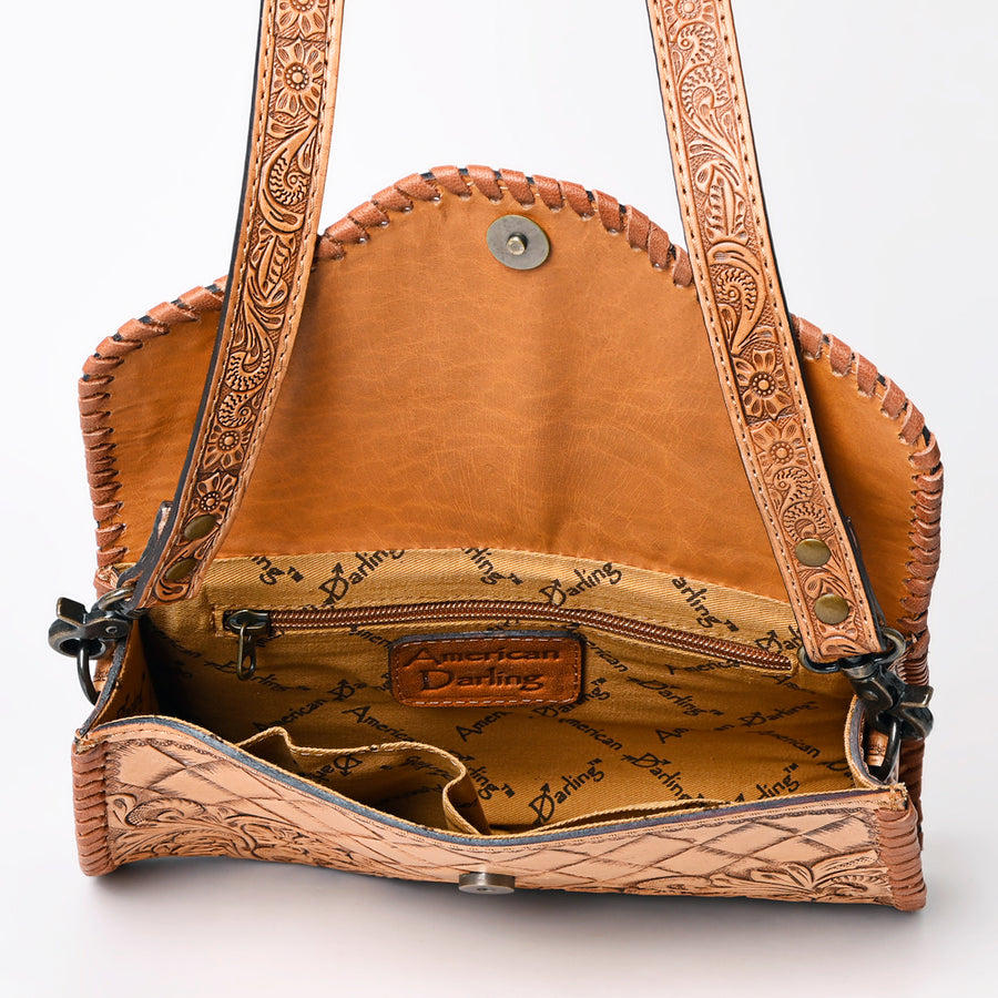 American Darling Western Leather Clutch Bag Hand Tooled Floral Carved Crossbody Purse with Whipstitch Detail