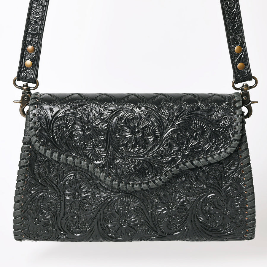 American Darling Western Leather Clutch Bag Hand Tooled Floral Carved Crossbody Purse with Whipstitch Detail