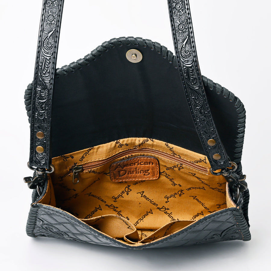 American Darling Western Leather Clutch Bag Hand Tooled Floral Carved Crossbody Purse with Whipstitch Detail