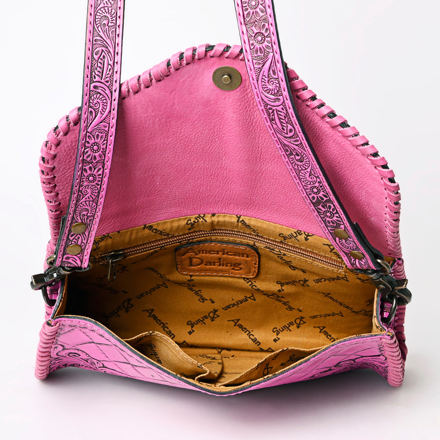 American Darling Western Leather Clutch Bag Hand Tooled Floral Carved Crossbody Purse with Whipstitch Detail