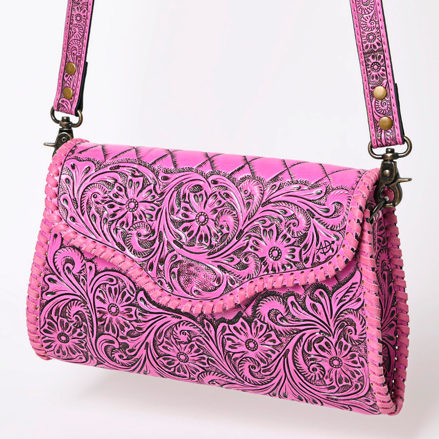 American Darling Pink Hand Tooled Floral Leather Clutch Crossbody Bag - Uhorse