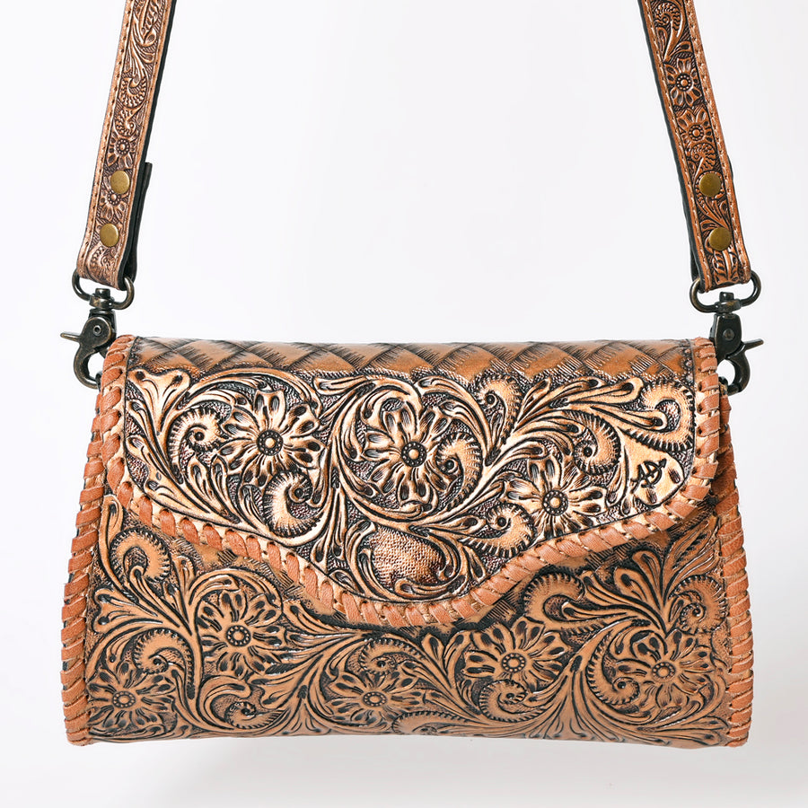 American Darling Western Leather Clutch Bag Hand Tooled Floral Carved Crossbody Purse with Whipstitch Detail