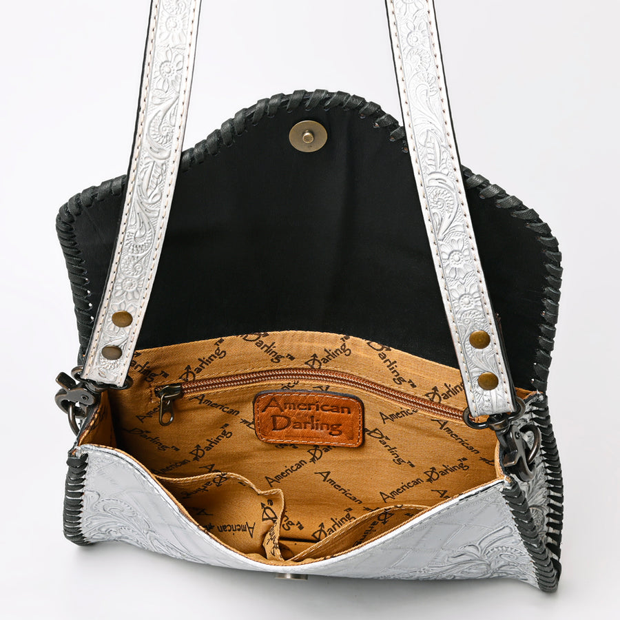 American Darling Western Leather Clutch Bag Hand Tooled Floral Carved Crossbody Purse with Whipstitch Detail