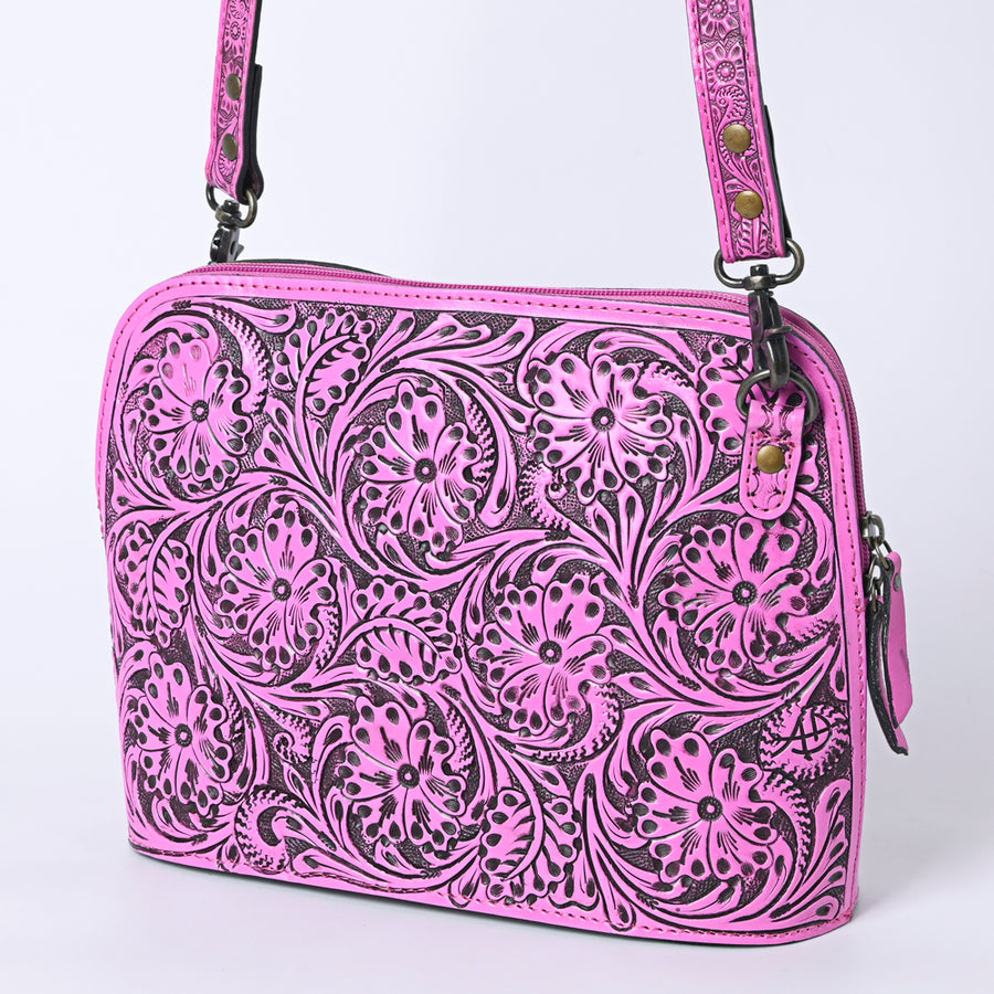 American Darling Pink Hand Tooled Floral Leather Crossbody Bag Western Purse - Uhorse