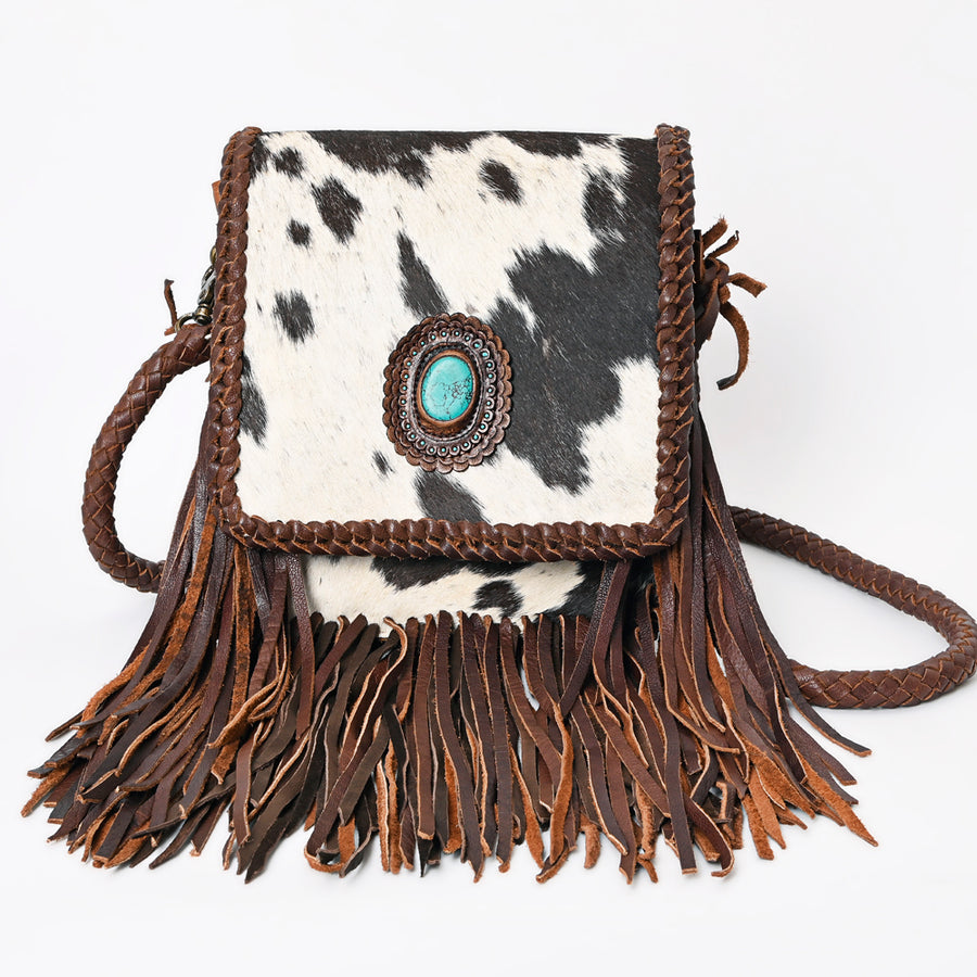 American Darling Messenger Bag Western Genuine Leather Handcrafted Purse with Fringes and Turquoise Stone