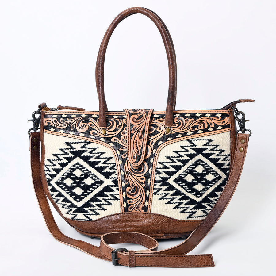 American Darling Western Tote Bag – Hand-Woven Saddle Blanket Design with Genuine Leather, Tooled Floral Accents, and Detachable Strap