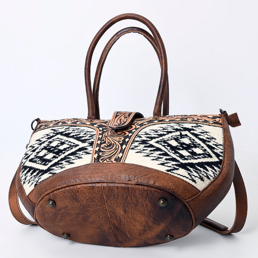 American Darling Western Tote Bag – Hand-Woven Saddle Blanket Design with Genuine Leather, Tooled Floral Accents, and Detachable Strap