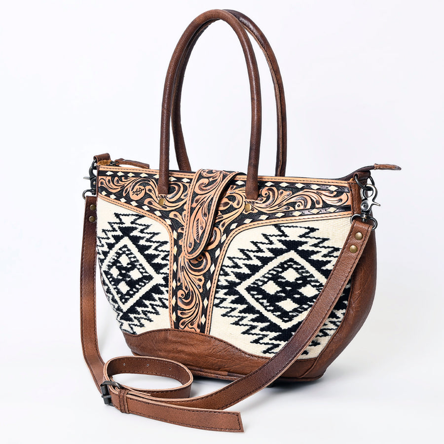 American Darling Hand-Woven Saddle Blanket Tote Bag with Tooled Leather Accents - Uhorse