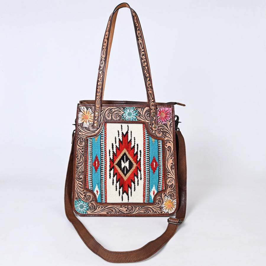 American Darling Western Tote Bag Handcrafted from Saddle Blanket & Genuine Leather | Hand Tooled Floral Purse with Painted Accents
