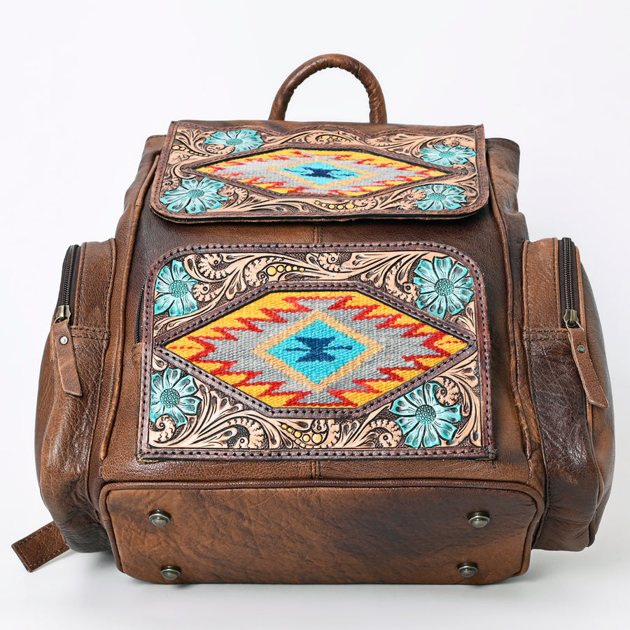 American Darling Western Backpack Handcrafted from Tooled Leather & Saddle Blanket | Panel Purse with Multiple Pockets