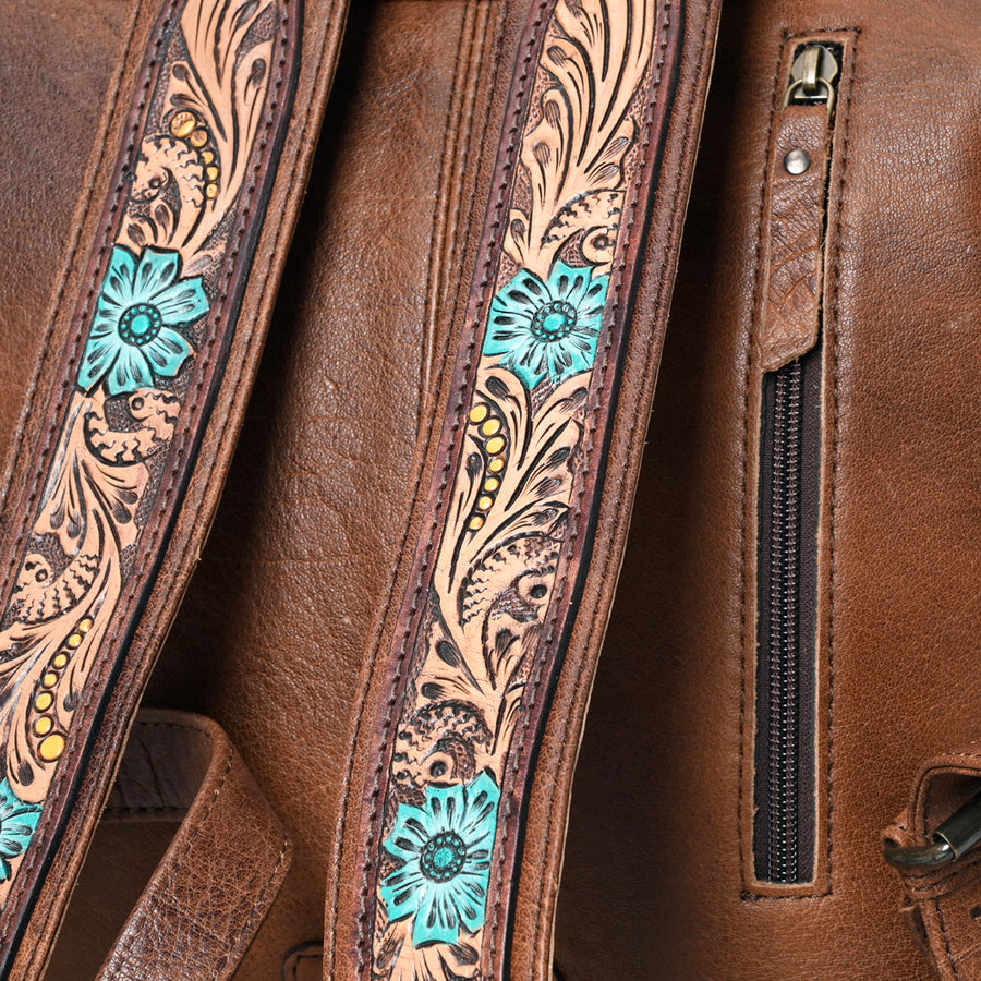 American Darling Western Backpack Handcrafted from Tooled Leather & Saddle Blanket | Panel Purse with Multiple Pockets