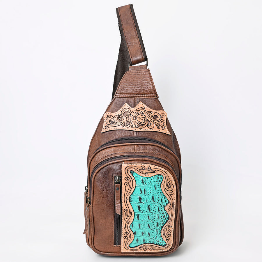 American Darling Western Sling Backpack Handcrafted from Tooled Leather | Crocodile Embossed & Floral Carved Crossbody Bag