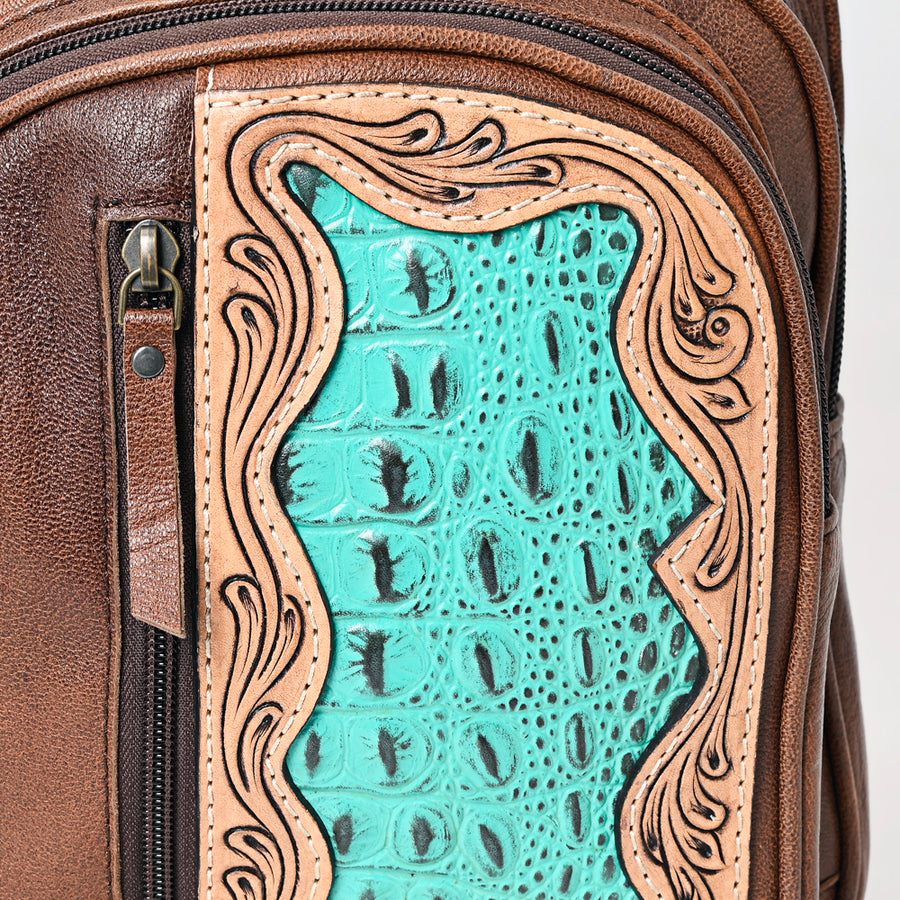 American Darling Western Sling Backpack Handcrafted from Tooled Leather | Crocodile Embossed & Floral Carved Crossbody Bag