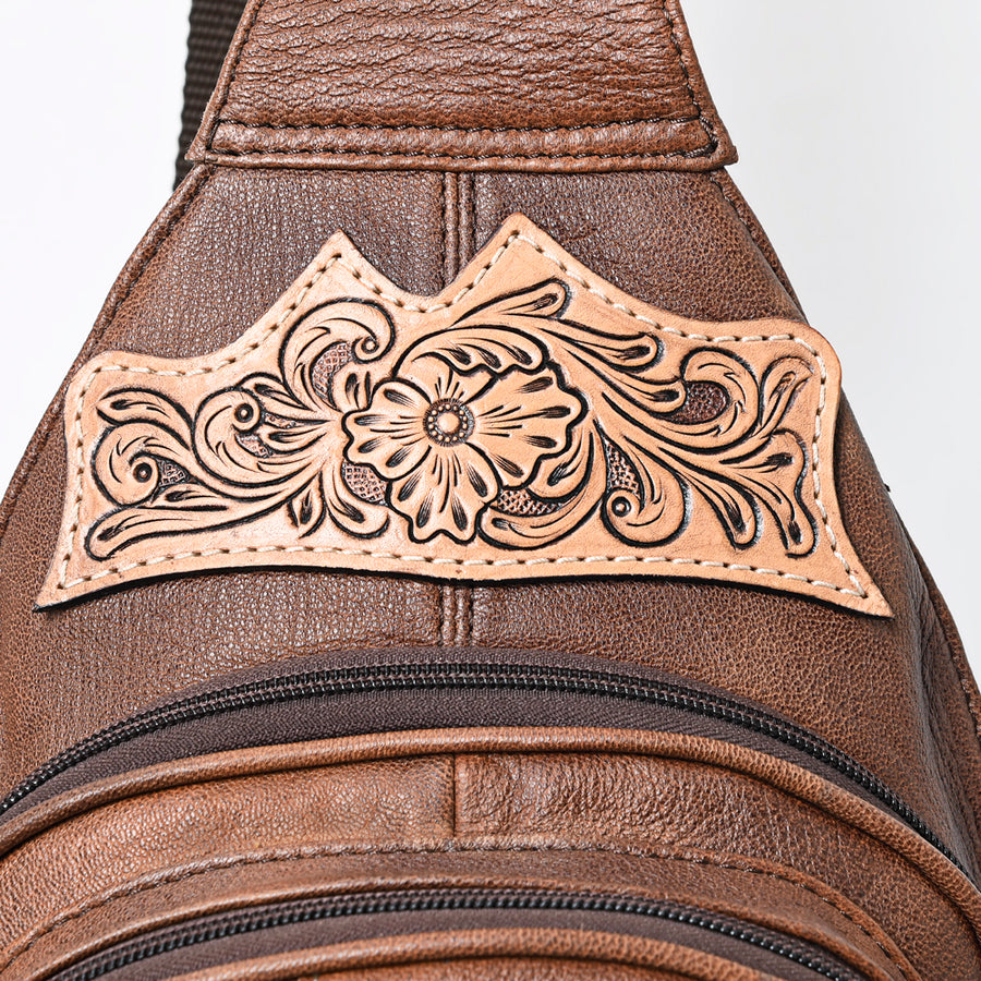 American Darling Western Sling Backpack Handcrafted from Tooled Leather | Crocodile Embossed & Floral Carved Crossbody Bag