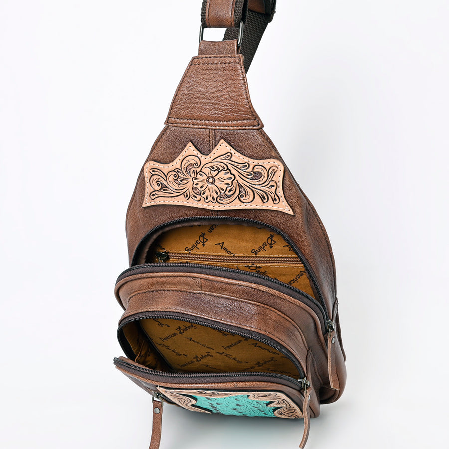American Darling Western Sling Backpack Handcrafted from Tooled Leather | Crocodile Embossed & Floral Carved Crossbody Bag