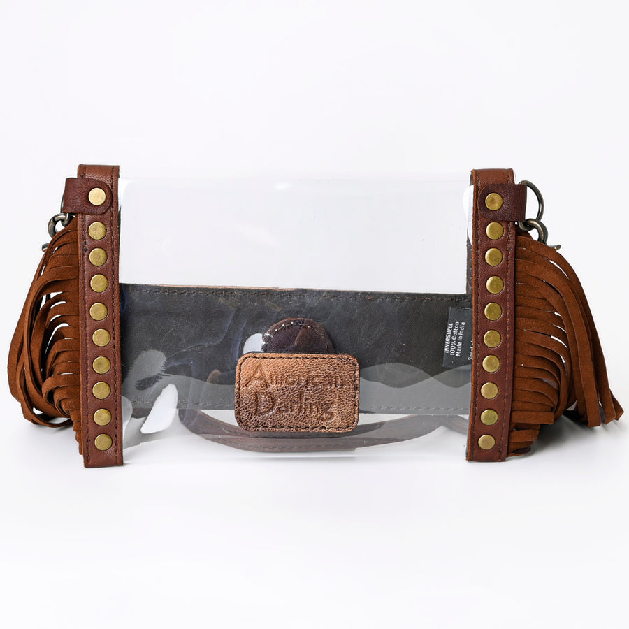 American Darling Western Clear Stadium Crossbody Bag with Hand Painted Scene | Genuine Leather Fringe Purse for Women