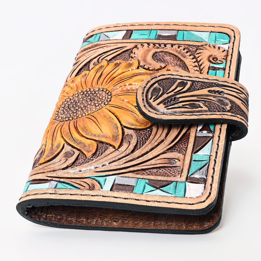 American Darling Western Wallet Handcrafted from Tooled Leather | Sunflower Carved with Mosaic Inlay & Snap Closure