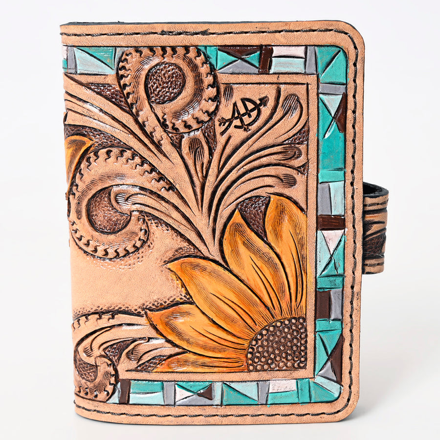 American Darling Western Wallet Handcrafted from Tooled Leather | Sunflower Carved with Mosaic Inlay & Snap Closure