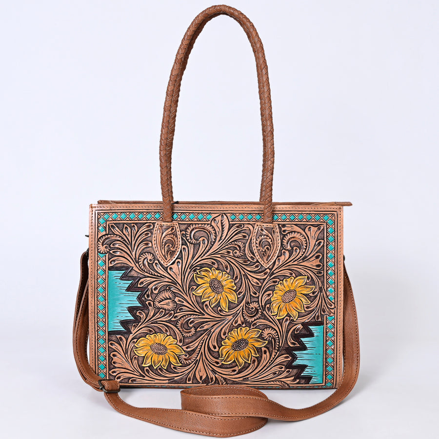 American Darling Western Tote Handcrafted from Genuine Leather | Tooled Sunflower & Turquoise Accents Crossbody Bag for Women