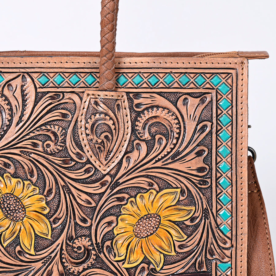 American Darling Western Tote Handcrafted from Genuine Leather | Tooled Sunflower & Turquoise Accents Crossbody Bag for Women